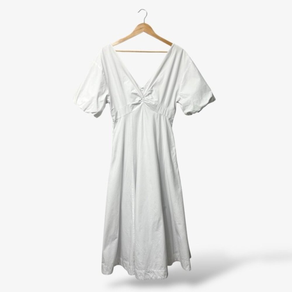 STAUD Finely Twisted Front Midi Dress Classic White V-Neck Puff Sleeve, Size 8